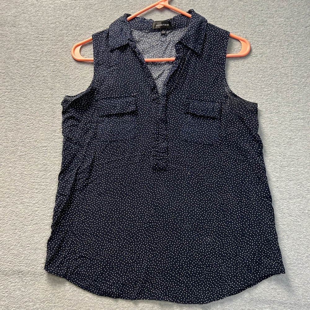 Spense Sleeveless Blouse Womens Medium Navy Blue Polka Dot Pocket Career Top
